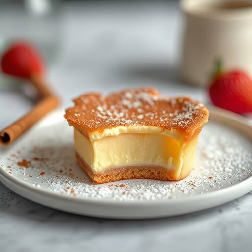 A generous portion of Milk Tart with a dusting of cinnamon