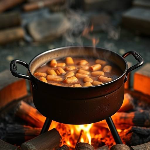 A traditional three-legged Potjiekos pot simmering over a fire