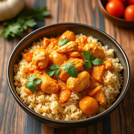 A vibrant Chicken Curry with rice, garnished with fresh coriander