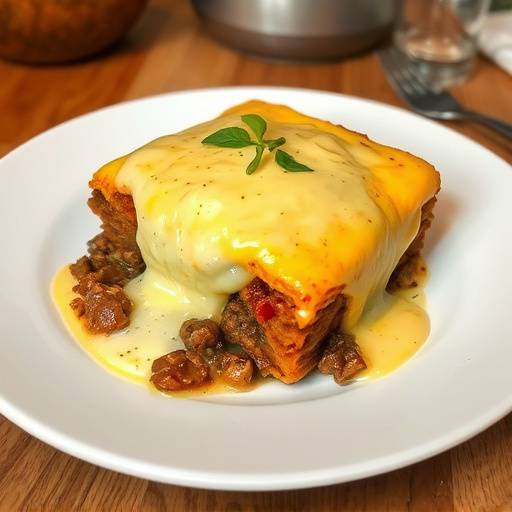 Bobotie, a spiced minced meat dish, topped with a creamy egg custard