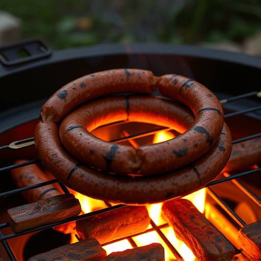 Boerewors coiled on a braai grid, ready to be cooked