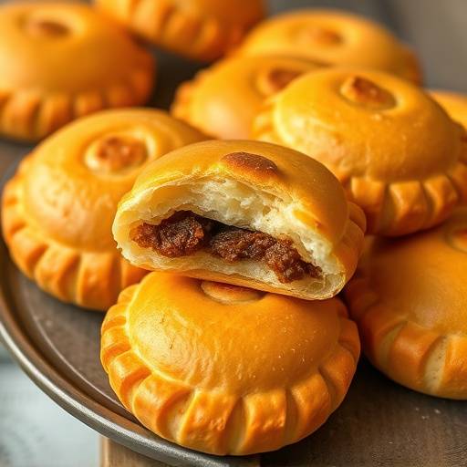 Close-up of golden brown vetkoek pastries, some filled, some plain