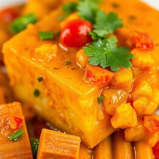 Close up of a sliced Bunny Chow showing the curry inside
