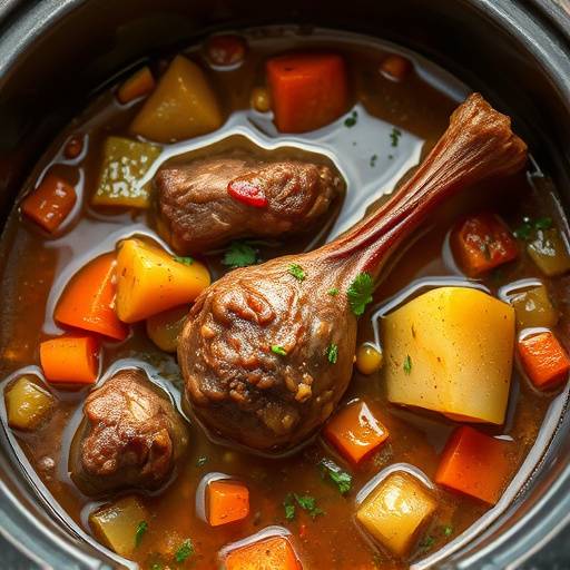 Lamb Shank stew simmering in a pot, surrounded by vegetables