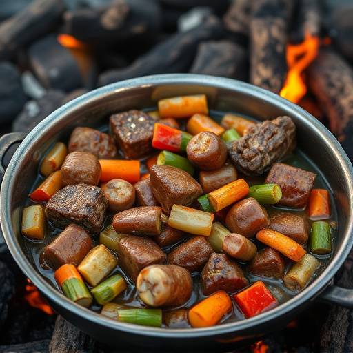 Potjiekos simmering over an open fire, filled with meat and vegetables
