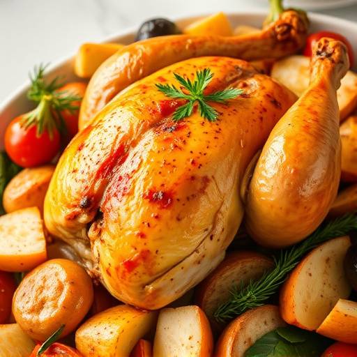 Roast Chicken with vegetables arranged around it on a platter